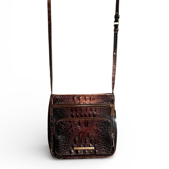Brahmin Croc Embossed Leather Crossbody Bag Brown Melbourne Organizer Purse - Picture 2 of 9